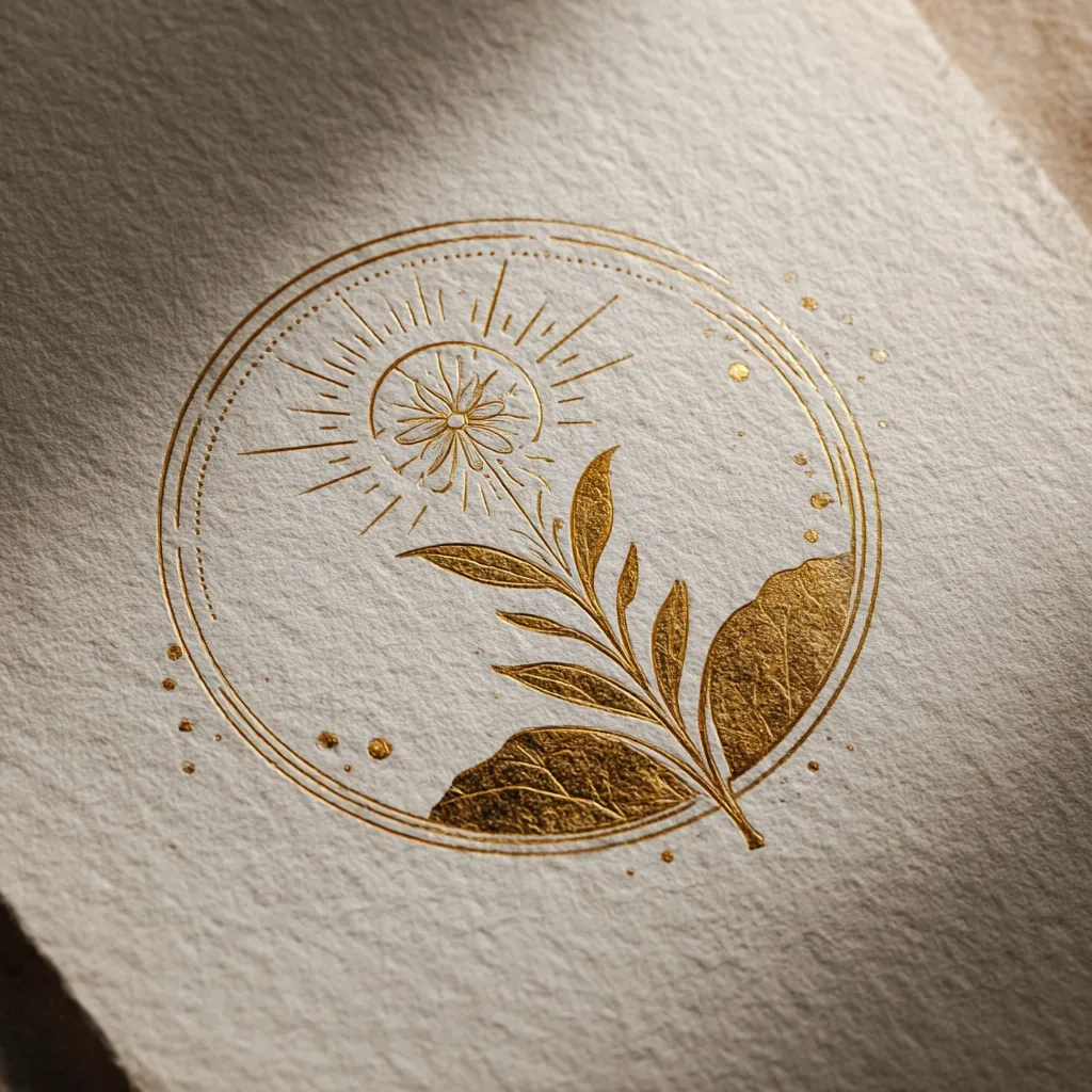 A gold-foiled design on textured off-white paper depicts a stylized plant within a circular frame.  The plant features leaves and a central flower, positioned beneath a sunburst motif.  Small gold dots are scattered around the design, adding a celestial feel. The overall aesthetic is minimalist and elegant, suggesting a botanical or spiritual theme.