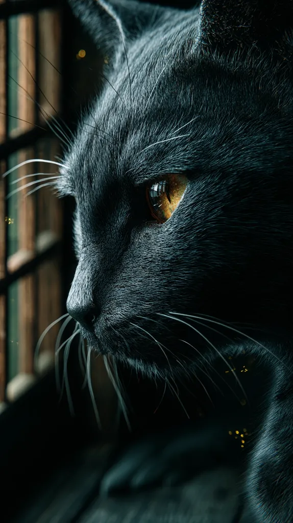 Close-up profile view of a dark gray or black cat.  Its fur is thick and appears soft.  One golden eye is visible, reflecting light.  The cat's whiskers are prominent against the dark background, which suggests a dimly lit indoor setting possibly near a window with a wooden frame.  The overall mood is moody and atmospheric.
