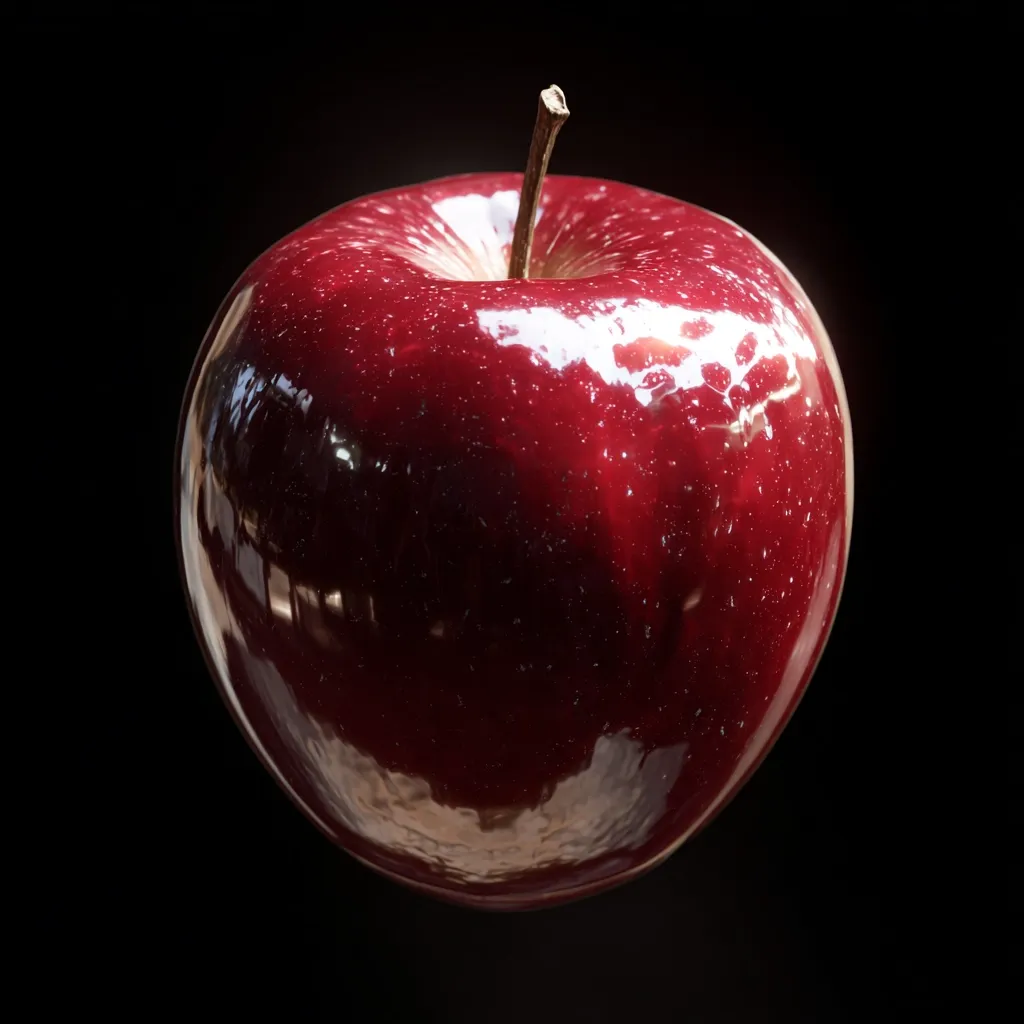 A single, deep red apple is presented against a stark black background.  Its skin glistens, reflecting light, showcasing a smooth, almost polished texture.  The apple's stem is visible at the top, and the overall image emphasizes the fruit's rich color and glossy surface.  The contrast between the apple and the background makes it the clear focal point.