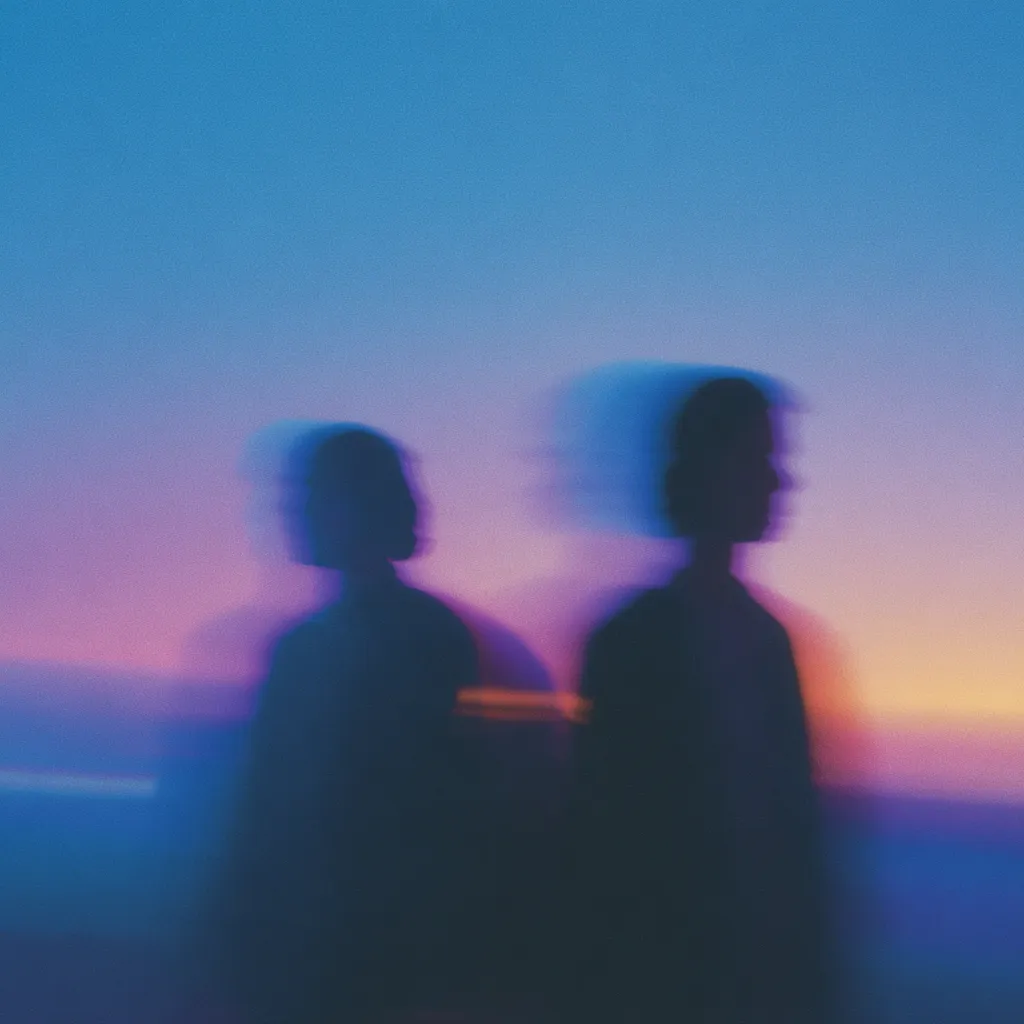 Two blurred figures stand silhouetted against a vibrant sunset.  The colors of the sky, ranging from deep blues to soft pinks and oranges, create a dreamy, ethereal atmosphere. The figures are indistinct, their features lost in the motion blur, adding to the mysterious and romantic mood.  The overall image evokes a feeling of wistful longing and peaceful contemplation.