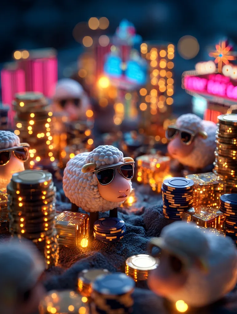 A 3D rendering depicts a whimsical scene of sheep wearing sunglasses amidst stacks of gold coins and poker chips.  The sheep are situated in a stylized, nighttime cityscape with blurred, brightly lit casino buildings in the background.  Warm, glowing lights illuminate the scene, creating a playful and slightly surreal atmosphere.  The overall impression is one of luck and fortune in a fantastical casino setting.