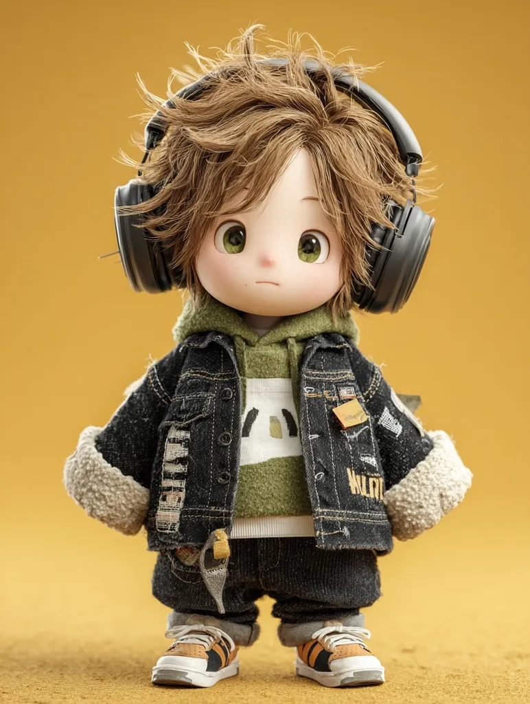 A charming 3D-rendered doll, a toddler with tousled brown hair, is depicted wearing oversized headphones.  The doll sports a stylish ensemble: a denim jacket over an olive green sweater, dark pants, and sneakers. The overall aesthetic is trendy and youthful, creating a cute and fashionable image. The doll's large eyes and soft features add to its appeal.