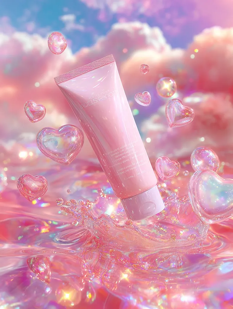 A pink tube of Collstagen moisturizer splashes into iridescent pink liquid, surrounded by floating holographic hearts and bubbles.  The dreamy, pastel background evokes a whimsical, magical feeling. The overall aesthetic is soft, feminine, and visually captivating.