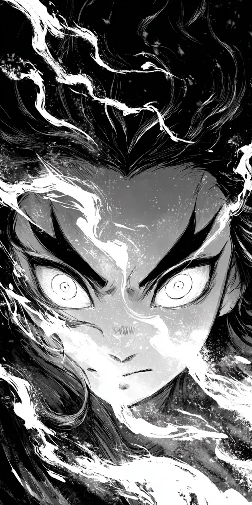 A dramatic black and white close-up depicts a stylized face, possibly anime-inspired, with intense, wide eyes and a fierce expression.  The figure's hair is rendered with dynamic, flowing strokes, resembling swirling energy or flames.  White paint splashes and streaks add to the sense of motion and power, creating a visually striking and emotive image.