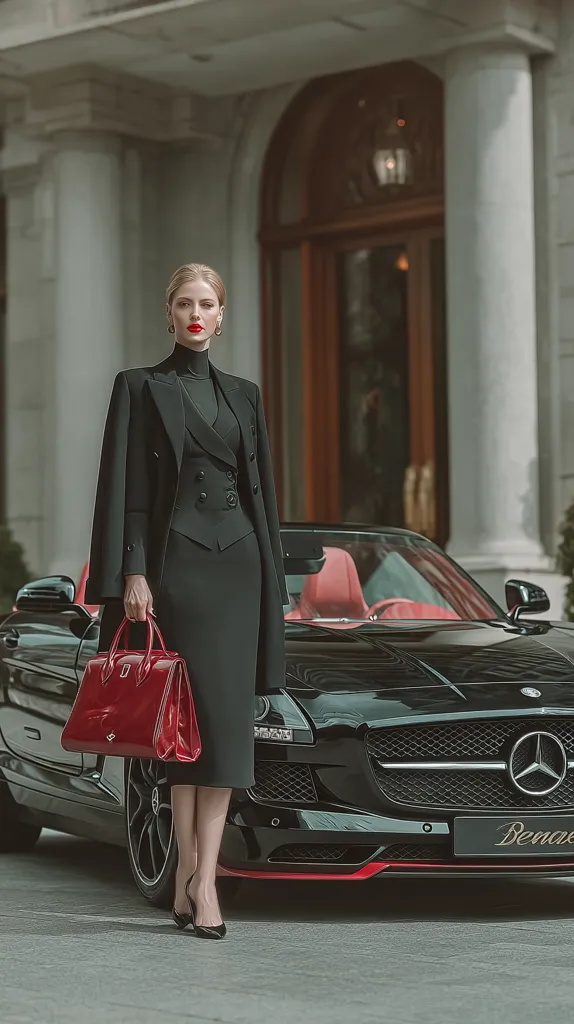 A stylish woman in a black pantsuit and red lipstick stands confidently beside a black Mercedes-Benz SL roadster.  She carries a vibrant red handbag. The setting is an elegant building with classical architecture, suggesting wealth and sophistication. The overall image conveys a sense of power and luxury.
