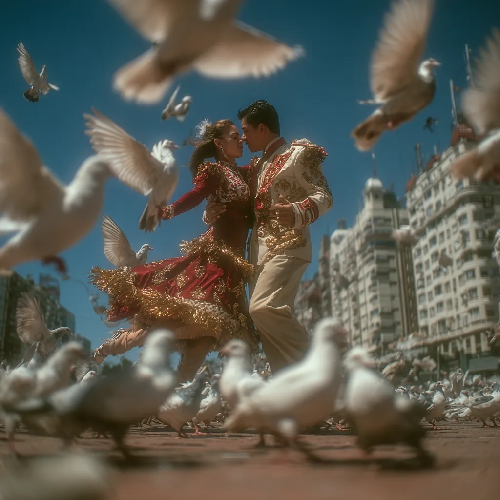 A couple, dressed in vibrant traditional attire, passionately embrace amidst a flurry of white doves.  The woman's crimson and gold dress contrasts beautifully with the man's beige suit.  The scene unfolds in a bustling city square, with a modern building providing a backdrop. The doves, in sharp focus and soft blur, surround the dancers, creating a magical, romantic atmosphere.