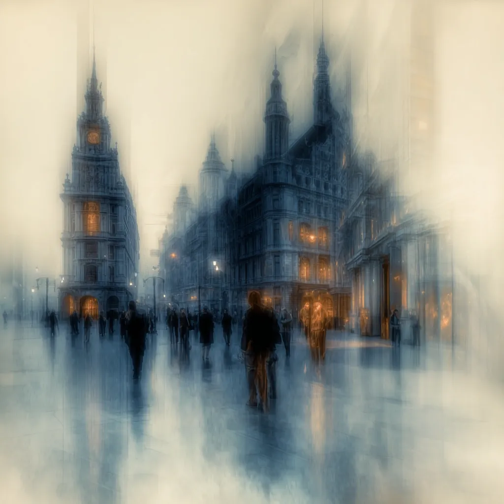 A misty, impressionistic painting depicts a city street scene.  Tall, ornate buildings with clock towers line the street, their details softened by the atmospheric perspective.  Figures, blurred and indistinct, walk along the wet pavement, their forms merging with the hazy ambiance.  Warm light emanates from some building windows, contrasting with the cool tones of the overall scene. The artwork evokes a sense of quiet contemplation and urban mystery.