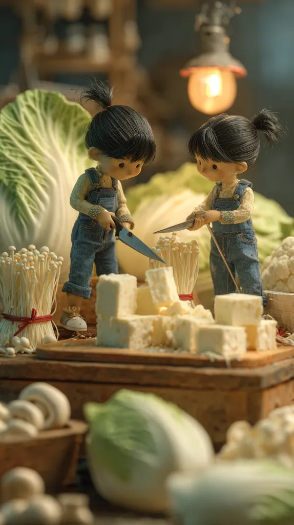 Two adorable doll-like figures, dressed in denim overalls, meticulously chop blocks of tofu with tiny knives.  Surrounding them are bunches of enoki mushrooms, heads of cabbage, and cauliflower, creating a charming miniature kitchen scene. The warm lighting and soft focus enhance the whimsical atmosphere.