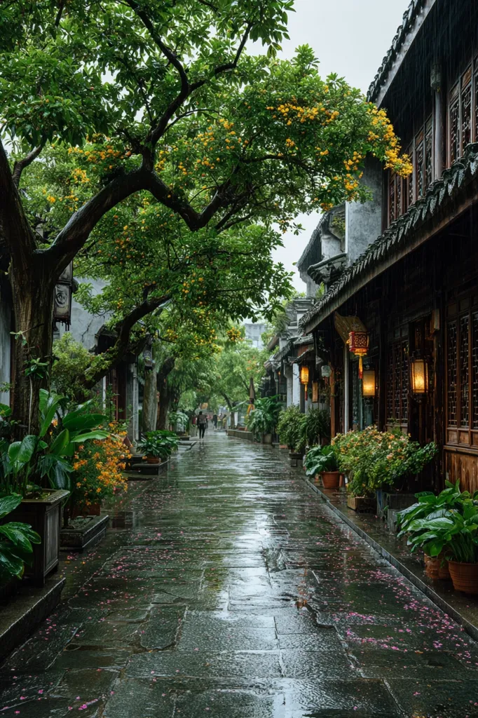 A tranquil, rain-soaked alleyway in a Chinese town.  Ancient, dark-wood buildings line the stone path, their lanterns glowing softly. Lush greenery, including a large tree laden with yellow blossoms, overhangs the street.  Pink petals scatter the wet stones, creating a serene and picturesque scene.  A few figures are visible in the distance, adding to the quiet atmosphere.
