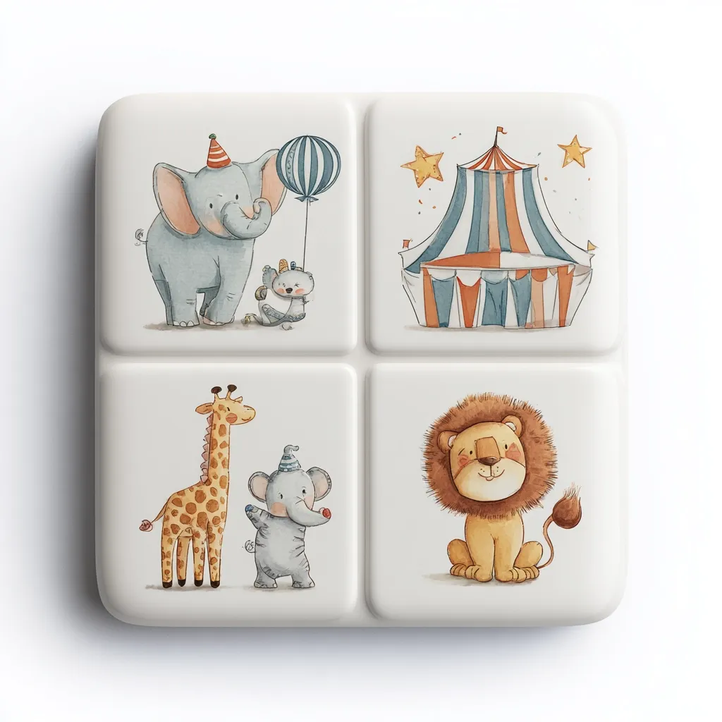 A square tile features four charming watercolor illustrations.  Top left shows a large elephant with a smaller one and a balloon.  Top right depicts a striped circus tent under stars. Bottom left shows a giraffe and a dancing baby elephant.  Bottom right showcases a friendly lion.  The overall style is whimsical and child-friendly.