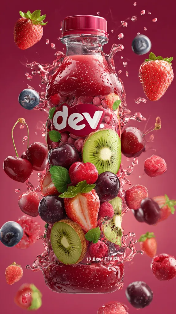 A bottle of Dev fruit juice is splashed with water, showcasing its vibrant red color and the various fruits within: strawberries, cherries, kiwi, and blueberries.  The bottle is surrounded by a dynamic spray of the same fruits, creating a visually appealing and refreshing image that emphasizes the juice's natural ingredients. The brand name "Dev" is prominently displayed on the bottle.