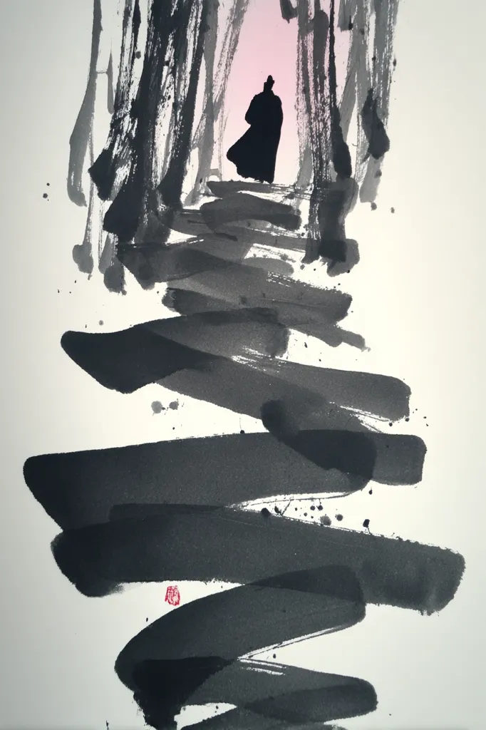 A minimalist ink painting depicts a lone figure in a long coat ascending a path through a dark, brushstroke forest.  The path is rendered with bold, sweeping black strokes, suggesting movement and depth.  The figure is silhouetted against a pale pink background, creating a stark contrast. The overall style is evocative of East Asian ink wash painting, emphasizing fluidity and suggestion over detail. A small red seal is visible near the bottom.