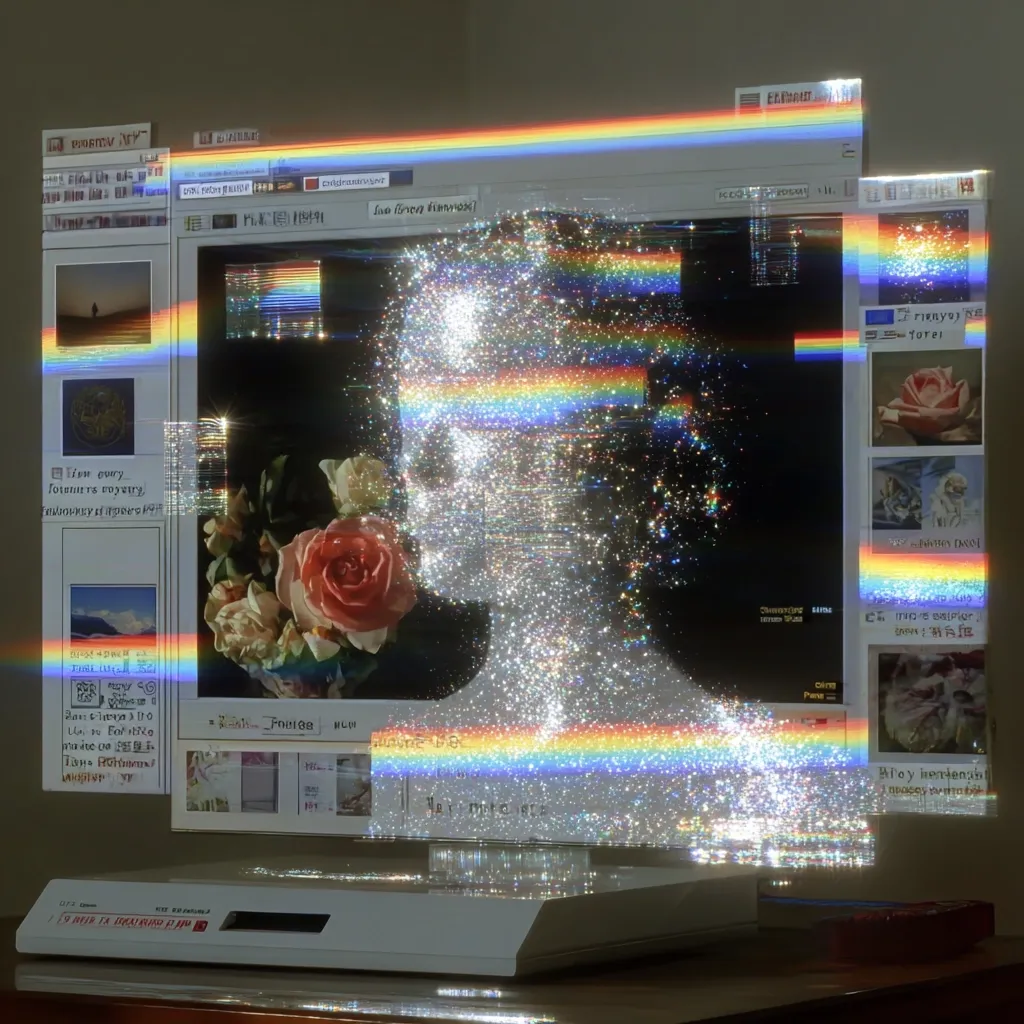 A glitching computer screen displays a shimmering, ethereal figure overlaid on various images and text.  Rainbow-colored distortions and static disrupt the images, including flowers, landscapes, and snippets of what appear to be web pages.  The overall effect is a surreal and dreamlike aesthetic, blending digital artifacts with a sense of nostalgic technology.