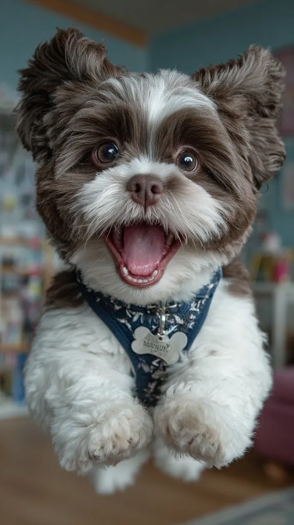 A fluffy brown and white dog, possibly a Lhasa Apso or Shih Tzu mix, leaps mid-air with a joyful expression. Its mouth is open in a wide, happy grin, revealing its teeth.  The dog wears a blue harness with a bone-shaped tag. The background is blurred, but shows a home interior. The image is adorable and captures the dog's playful energy.