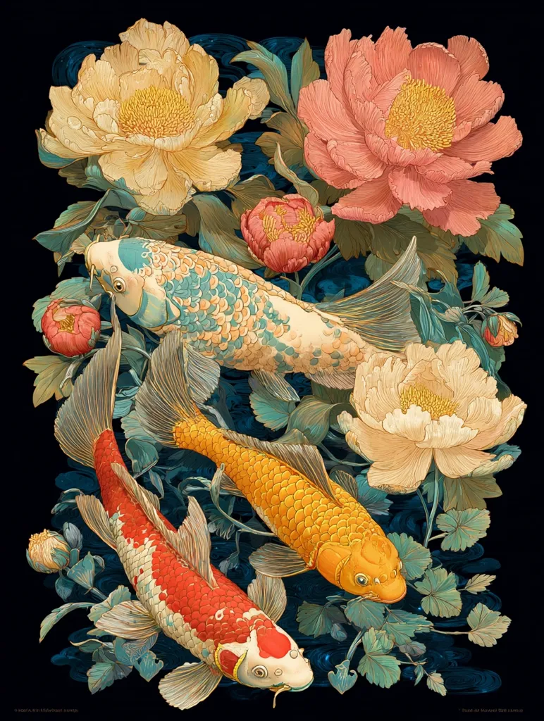 A vibrant illustration showcases three koi fish swimming amidst a profusion of peonies.  The koi, in hues of red, orange, and blue-green, are meticulously detailed. The peonies, in creamy yellow and soft pink, are rendered with delicate shading and texture. The dark background emphasizes the rich colors of both the fish and flowers, creating a visually striking and harmonious composition.  The style evokes traditional Japanese art.