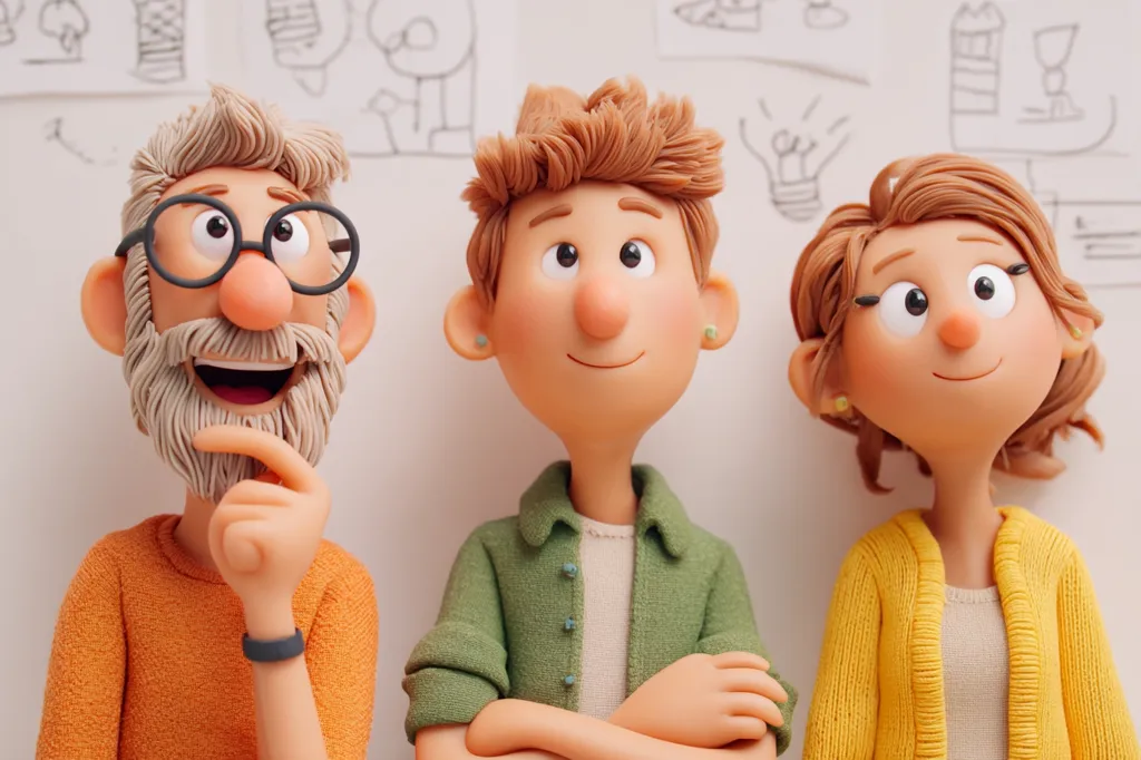 Three claymation figures, an older man with glasses and a beard, a young man, and a young woman, stand before a whiteboard covered in sketches.  The older man is thoughtfully touching his chin, while the younger figures have their arms folded.  All three look upwards, suggesting contemplation or inspiration from the drawings.  Their expressions are pleasant and hopeful.