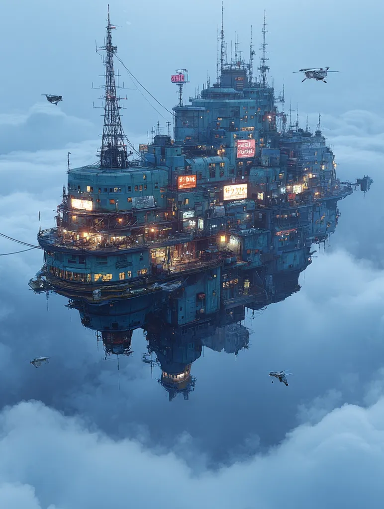 A futuristic city-ship floats serenely above a sea of clouds, its reflection mirroring its intricate structure.  Buildings and signs in an unknown language adorn its sides, suggesting a bustling metropolis.  Small aircraft fly near this airborne city, highlighting its scale and isolation. The scene is bathed in the soft light of dawn or dusk, creating a dreamlike atmosphere.