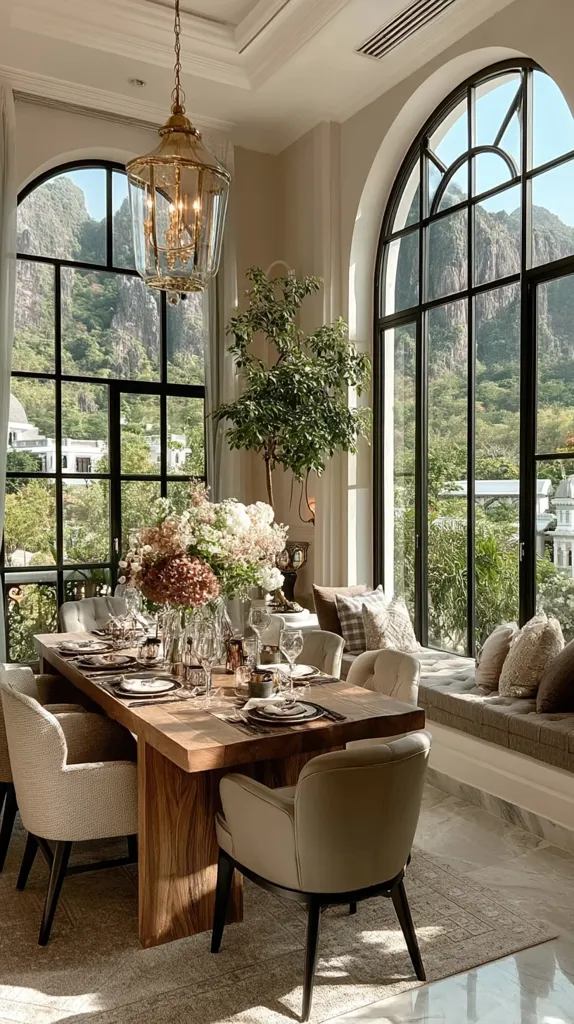 A sunlit dining room features a long wooden table set for a meal, surrounded by elegant beige armchairs.  Large arched windows offer stunning views of lush green mountains and distant buildings. A statement brass chandelier hangs above the table, complementing the room's sophisticated, natural aesthetic.  A window seat with plush cushions provides additional seating and enjoys the scenic vista.  A large floral arrangement serves as a centerpiece.