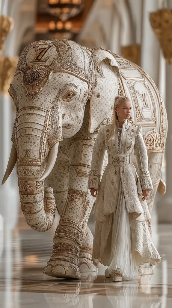 A blonde woman in an ornate, cream-colored Louis Vuitton coat stands beside a large, intricately decorated elephant statue. The elephant is adorned with gold detailing and the Louis Vuitton monogram.  The setting appears to be a luxurious, marble-floored interior. The image evokes a sense of opulence and fantasy.