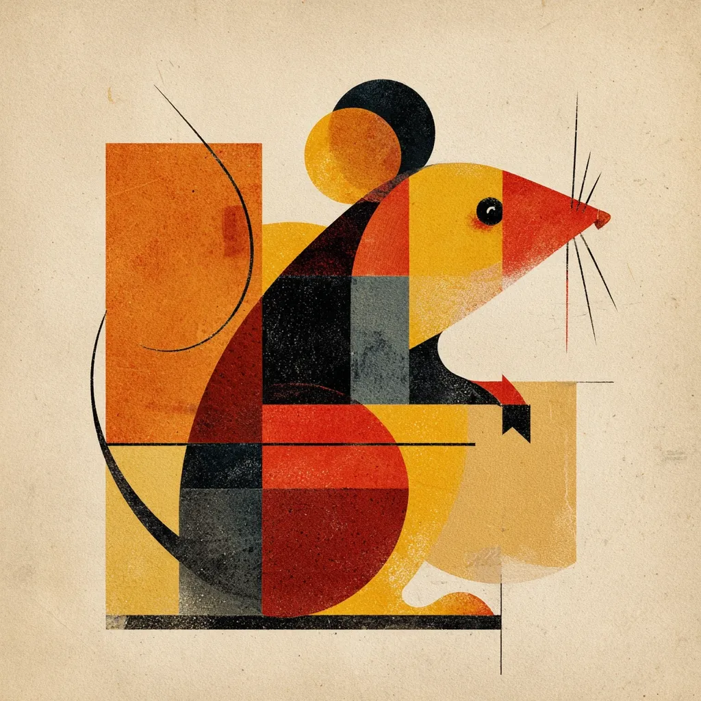 A stylized geometric depiction of a mouse, rendered in warm earth tones.  The image utilizes bold shapes and contrasting colors—reds, oranges, yellows, and blacks—to create a Cubist-inspired composition.  The mouse's form is fragmented into blocks and curves, giving it an abstract yet recognizable shape. The textured background suggests an aged or vintage aesthetic.