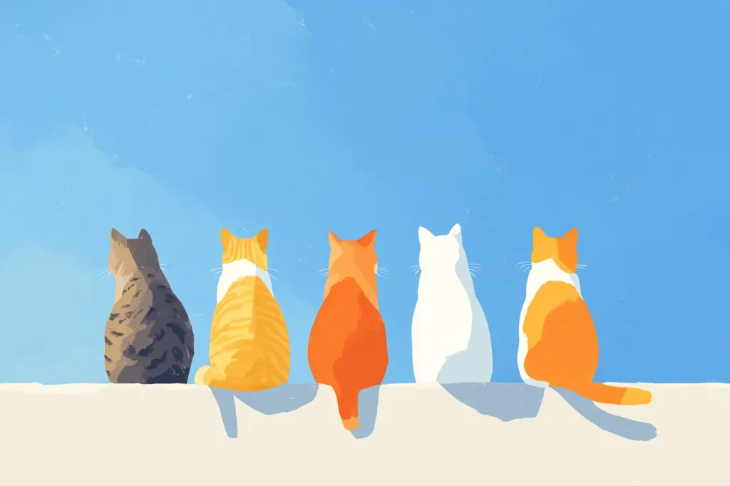 Five cats sit in a row, their backs to the viewer, against a bright blue sky.  Their coats are various colors: gray tabby, orange tabby, orange, white, and a bicolour orange and white.  They are perched on a low wall, casting small shadows. The simple, stylized illustration conveys a sense of calm and peaceful observation.