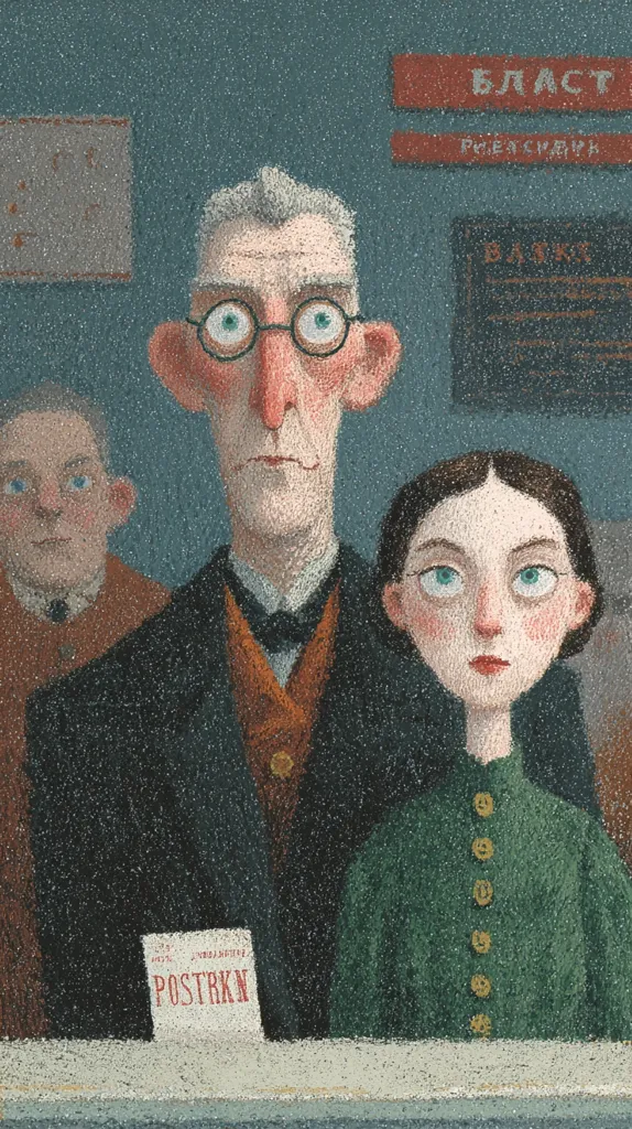 A stylized illustration depicts three individuals at what seems to be a post office.  The central figure is a man with glasses, wearing a dark suit and vest.  Flanking him are a woman in a dark green dress and a man in brown attire.  Russian text is visible on signs behind them, hinting at a postal or government setting. The overall style is reminiscent of folk art or children's book illustration, with textured brushstrokes and slightly exaggerated features. A slip of paper labeled "POSTRKN" sits on the counter.