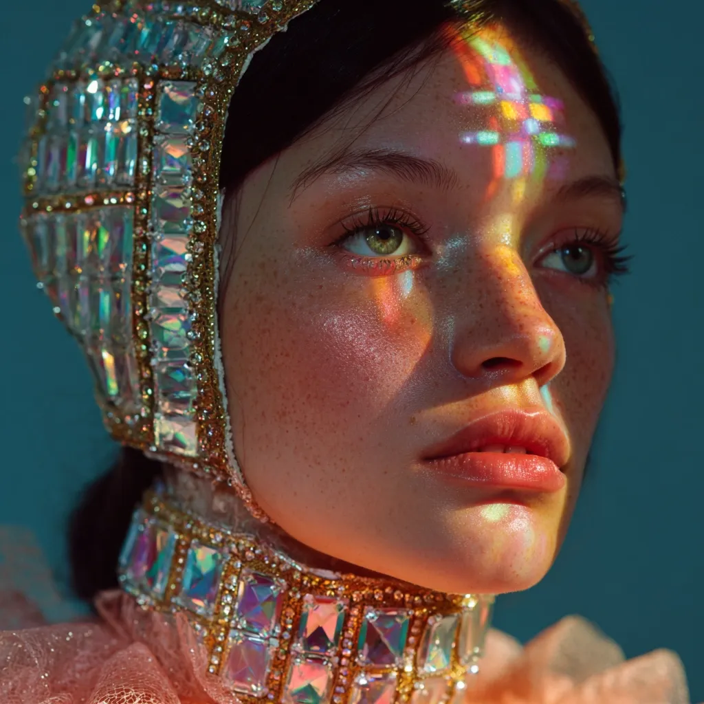 Close-up portrait of a young woman adorned in an elaborate, iridescent jeweled headpiece and collar.  Rainbow light refracts across her face, highlighting her freckles and creating a mystical, ethereal atmosphere.  The overall effect is one of fantasy and elegance, with a focus on texture and light.