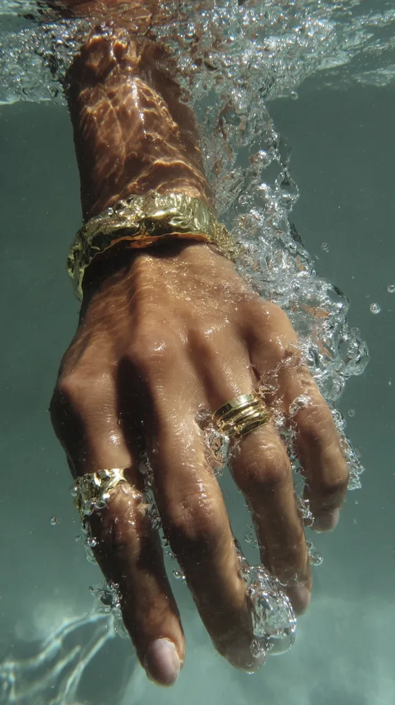 A close-up underwater shot of a hand adorned with gold jewelry.  A substantial gold cuff bracelet encircles the wrist, while several gold rings decorate the fingers.  Bubbles cling to the skin and fingers, creating a dreamy, ethereal quality. The water is a muted teal, enhancing the golden hues of the accessories. The image suggests luxury and a sense of calm.
