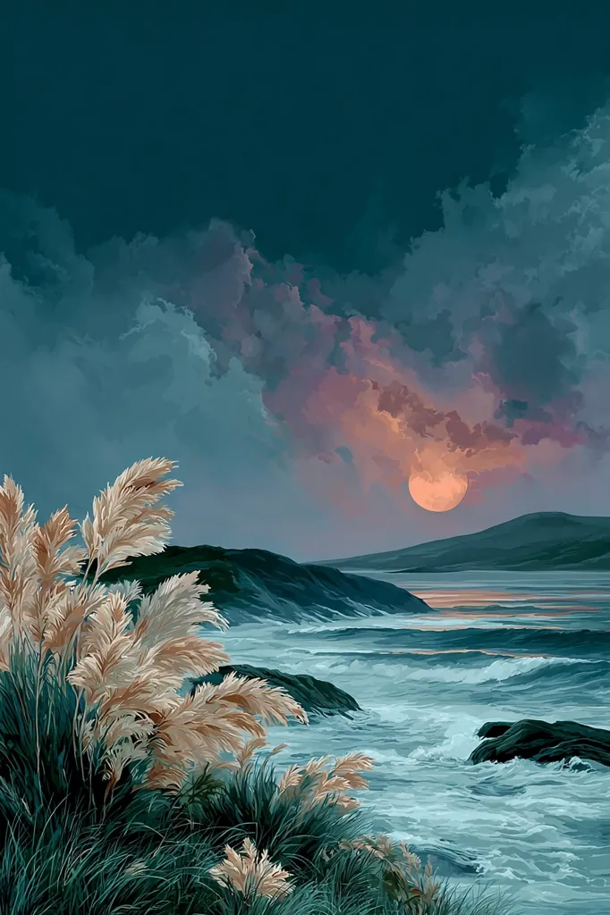 A serene coastal scene unfolds under a dramatic twilight sky.  A large, peach-hued sun hangs low on the horizon, casting a warm glow on the turbulent ocean waves.  Tall grasses sway gently in the foreground, their delicate plumes contrasting with the rugged coastline and dark, brooding clouds above. The overall palette is a blend of teal, deep blues, and soft oranges, creating a tranquil yet powerful atmosphere.