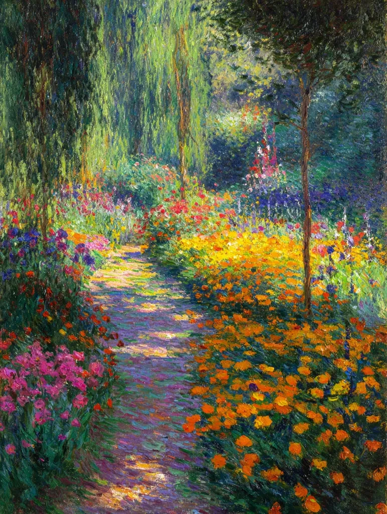 A vibrant Impressionist painting depicts a sun-dappled garden path.  Lush blooms in various shades of orange, yellow, pink, and purple line the pathway, which winds through a verdant landscape.  Weeping willows and other trees frame the scene, creating a sense of depth and tranquility. The artist's use of bold brushstrokes and bright colors evokes a feeling of warmth and summer's abundance.