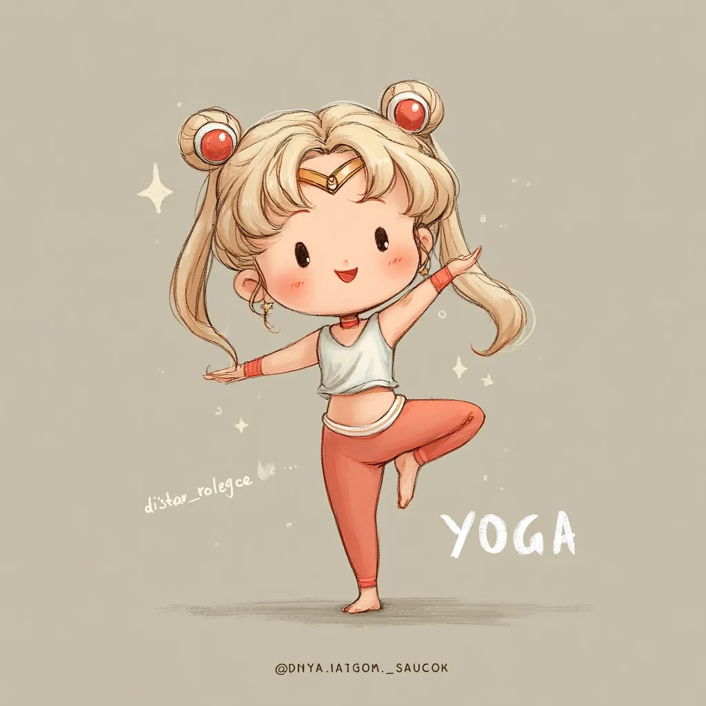 A chibi-style illustration of Sailor Moon performing a yoga pose.  She's depicted with blonde hair in odango buns, wearing a white tank top and coral yoga pants.  The image is soft and pastel-toned, with sparkling effects around her.  The word "YOGA" is prominently displayed below her.  The art style is cute and charming, suitable for fans of Sailor Moon and yoga enthusiasts.