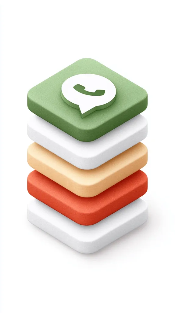 A stack of square blocks in varying pastel colors—green, white, beige, and red—is shown.  The top block features a white speech bubble icon containing a telephone handset symbol, suggesting a messaging or communication app interface. The 3D rendering creates a visually appealing, layered effect.
