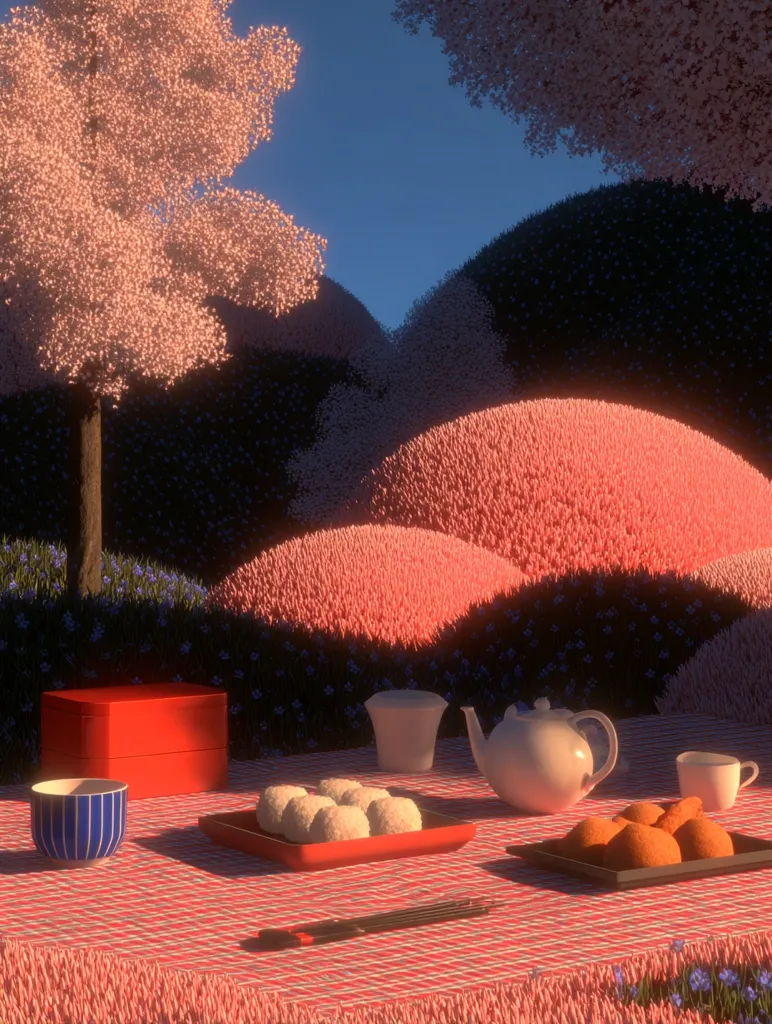 A tranquil outdoor scene depicts a picnic setup on a red checkered tablecloth.  Surrounded by stylized, pastel-colored hills and blossoming trees, the table holds a bento box, mochi, tea set, and small pastries.  The soft lighting and muted colors create a serene and peaceful atmosphere.  Chopsticks rest on the tablecloth beside the food.