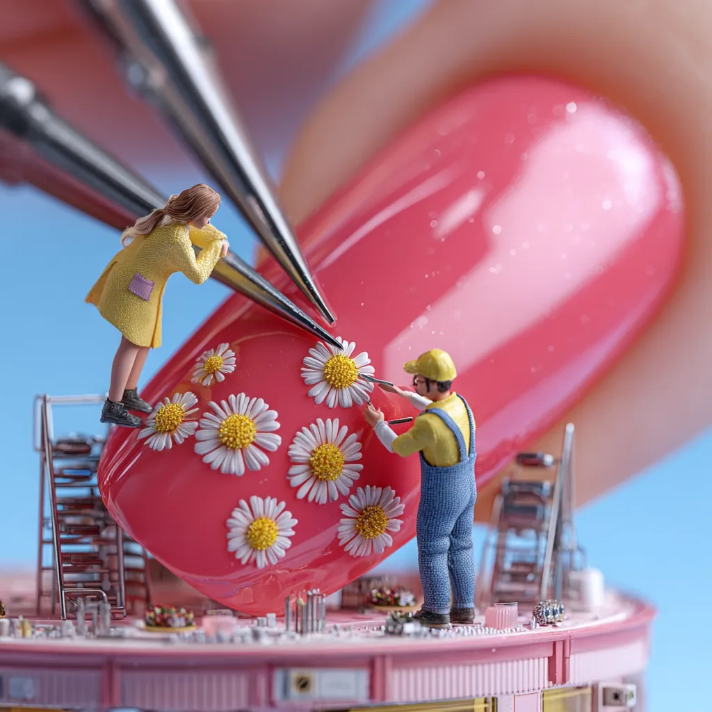 Miniature figures meticulously decorate a large, glossy pink fingernail with tiny white daisies.  A woman in a yellow coat uses tweezers to position the flowers, while a man in blue overalls carefully adds detail.  The scene is set on a miniature platform resembling circuit boards, creating a whimsical juxtaposition of scale and artistry.