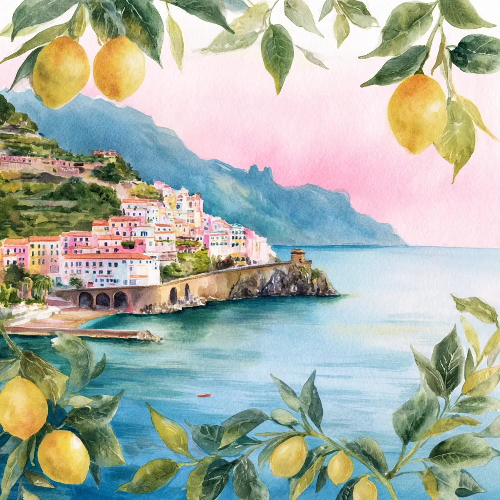 A watercolor painting depicts a picturesque coastal town nestled against a mountainous backdrop.  Pastel-colored buildings cling to the hillside, overlooking a calm sea.  Lemon tree branches laden with fruit frame the scene, adding a vibrant pop of yellow against the soft pinks and blues of the sunset sky and water. The overall mood is serene and idyllic.