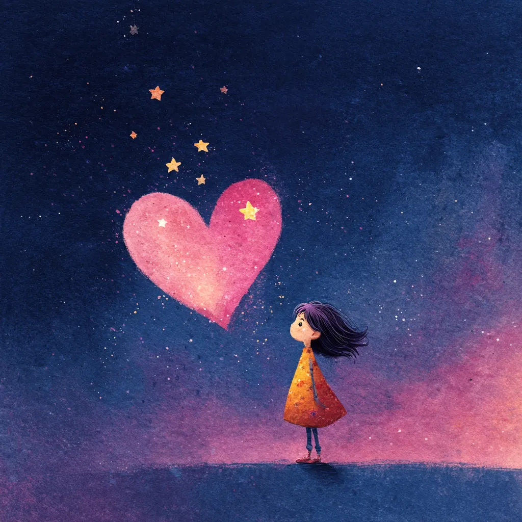 A little girl in a yellow dress gazes upward at a large, glowing pink heart in the twilight sky.  Small stars twinkle around the heart, creating a magical and dreamy atmosphere. The illustration evokes feelings of wonder, hope, and the pursuit of dreams.  The color palette is soft and pastel, enhancing the overall whimsical and heartwarming tone.