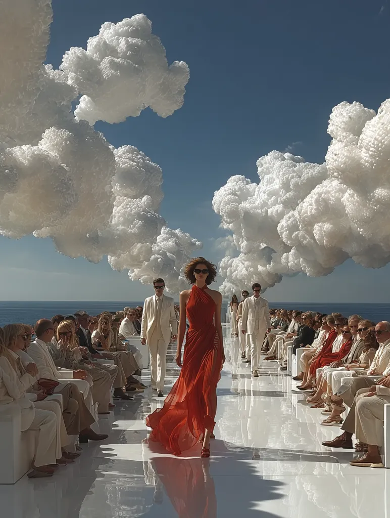 A fashion show unfolds on a pristine white runway overlooking the ocean.  A model in a flowing red gown strides confidently, flanked by seated spectators in white attire.  Surreal, large, fluffy clouds hover overhead, creating a dramatic and fantastical backdrop to the otherwise elegant scene.  The overall atmosphere is one of high fashion and dreamlike surrealism.