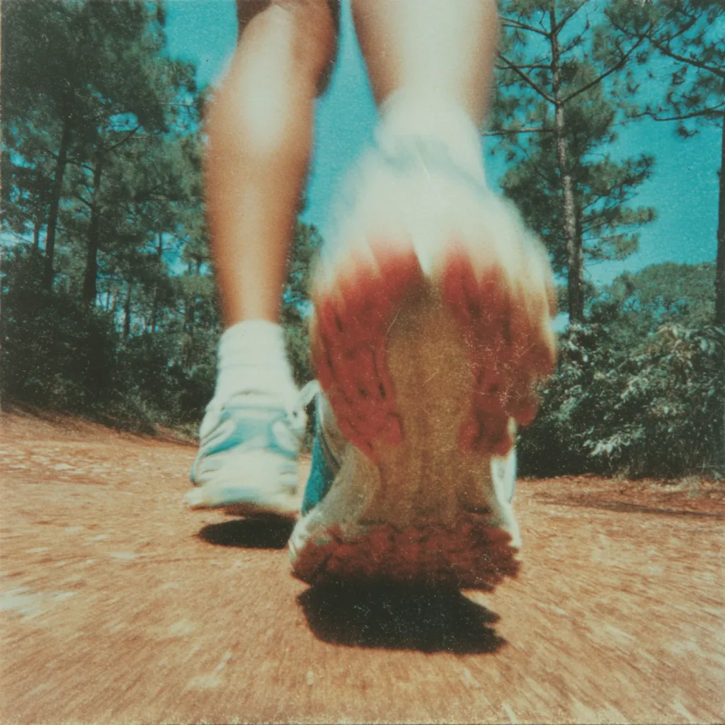 A low-angle, blurry photo shows a person jogging on a dirt path.  The runner's legs and feet are in sharp focus, showcasing worn athletic shoes. The background is a sun-drenched forest of tall pines, slightly out of focus, suggesting movement and speed. The overall tone is warm and nostalgic, like a faded memory.