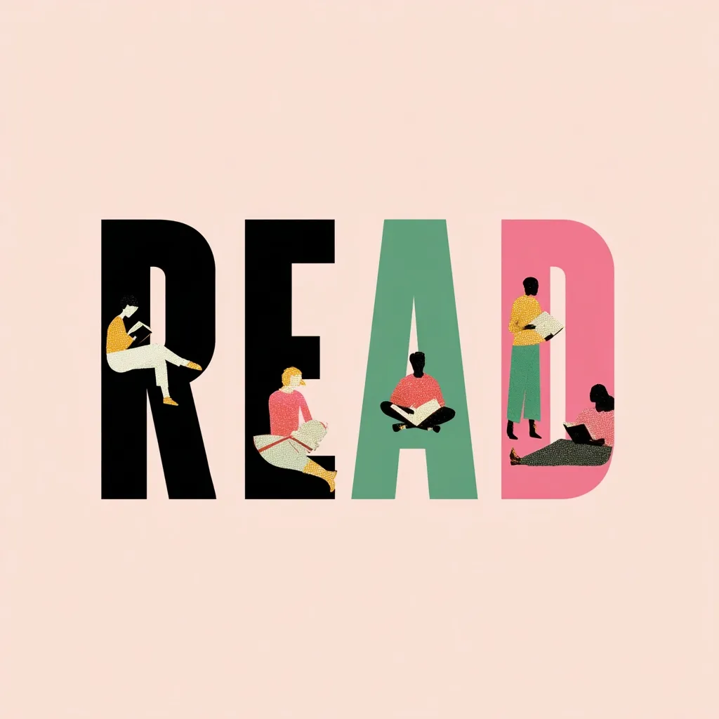 The word "READ" is depicted in large, stylized letters.  Each letter incorporates diverse individuals engaged in reading: one sits cross-legged, another reclines, and others stand or sit holding books.  The image promotes reading and inclusivity, showcasing people of different races and postures enjoying books.  The color palette is pastel and muted, creating a calm and inviting atmosphere.