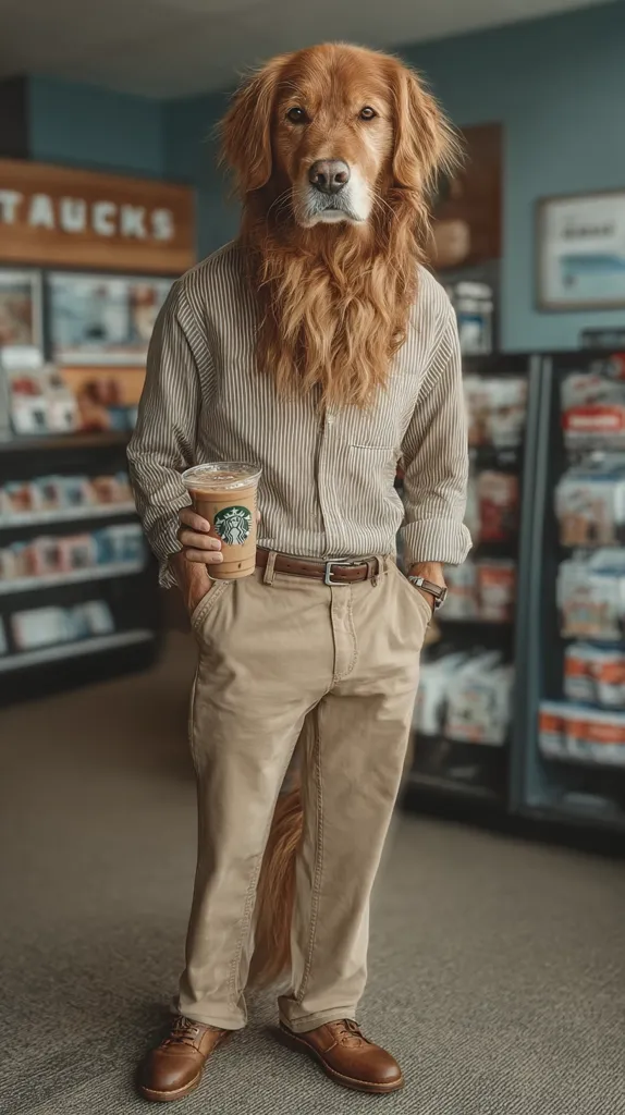 A Golden Retriever's head and upper body are seamlessly blended onto a human body dressed in a beige striped shirt, khaki pants, and brown leather shoes. The dog-human hybrid holds a Starbucks iced coffee in one hand, casually standing in a store with shelves visible in the background. The image is a humorous and surreal juxtaposition of animal and human forms.
