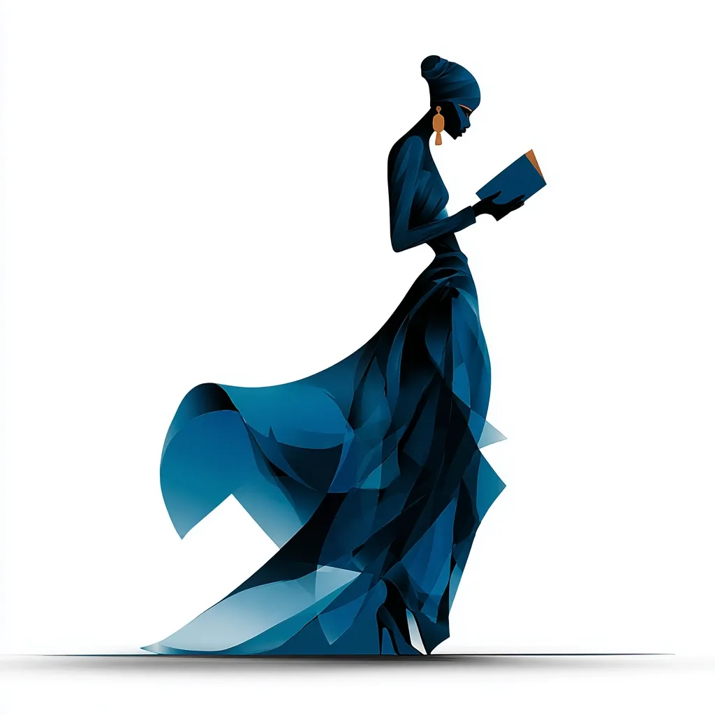 A stylized silhouette of an elegant Black woman in a flowing, dark blue dress reads a book.  Her head is wrapped in a turban, and gold earrings dangle. The dress's design is abstract and geometric, with shades of blue creating a sense of movement and depth. The image is minimalist, focusing on the woman's grace and the act of reading.  The white background enhances the contrast and emphasizes the figure.