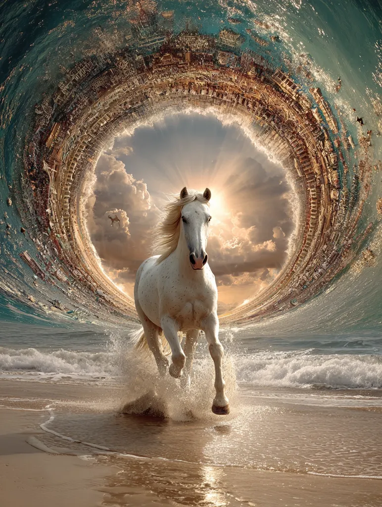 A white horse gallops across a beach towards a swirling vortex.  The vortex reveals a cityscape collapsing into itself, creating a surreal, dreamlike scene.  The sun shines through the clouds behind the horse, illuminating the water and sand. The overall effect is one of mystical movement and transformation.