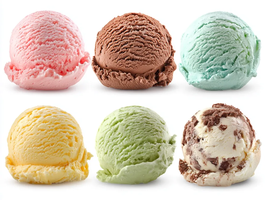 Six scoops of ice cream in assorted flavors are displayed against a white background.  The flavors appear to be strawberry, chocolate, mint, vanilla, pistachio, and chocolate chip cookie dough. Each scoop is perfectly formed and shows a creamy texture, suggesting deliciousness.  The image is clean and bright, ideal for advertising or culinary purposes.