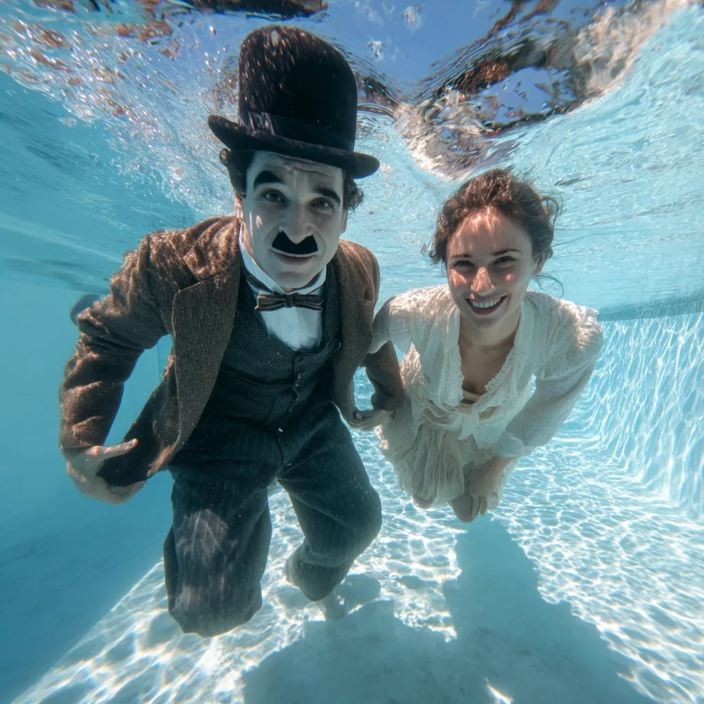 An underwater photograph captures a man and a woman submerged in a swimming pool.  The man is dressed in a Charlie Chaplin-esque costume, complete with bowler hat and mustache.  The woman wears a vintage-style white dress.  Both are smiling, creating a whimsical and surreal scene. The clear water and sunlight filtering through create a vibrant backdrop.