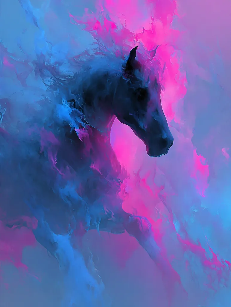 A stylized image depicts a black horse, seemingly in motion, enveloped by vibrant blue and pink hues. The colors swirl and blend, creating a dynamic, almost ethereal atmosphere. The horse's form is partially obscured by the abstract paint-like strokes, lending a sense of energy and movement to the piece.  The overall effect is one of vibrant fluidity and artistic expression.