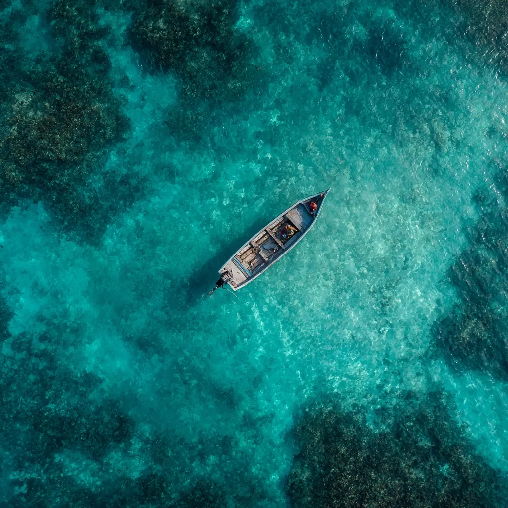 An aerial view captures a small motorboat serenely floating in vibrant turquoise waters. The crystal-clear water reveals a seabed teeming with coral reefs, creating a stunning contrast of color and texture. The boat, seemingly unoccupied, adds a sense of tranquility to the scene, highlighting the pristine beauty of the ocean and its underwater ecosystem.