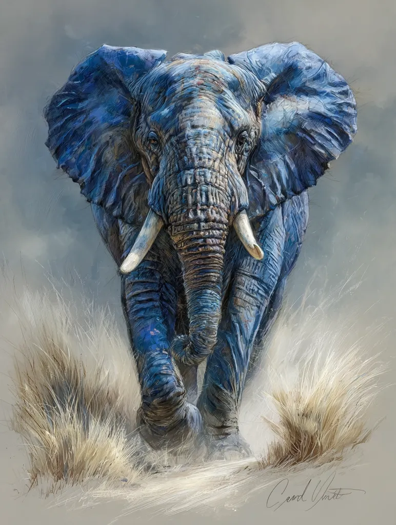 A majestic, blue-hued African elephant strides forward, its powerful legs moving through tall grasses.  The elephant's detailed features, including its large ears and tusks, are strikingly rendered.  The muted background emphasizes the elephant's presence, creating a sense of movement and power in this artistic depiction of wildlife. The overall effect is a captivating and slightly surreal image.