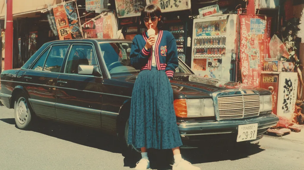 A young woman with short, dark hair and sunglasses stands next to a black Mercedes-Benz sedan. She's dressed in a blue cardigan, a midi-length pleated skirt, and white socks with shoes.  The car is parked on a sunny street in Japan, lined with vending machines and vibrant signage. The overall aesthetic is reminiscent of 1980s Japanese fashion and culture. The woman holds a drink in her hand.