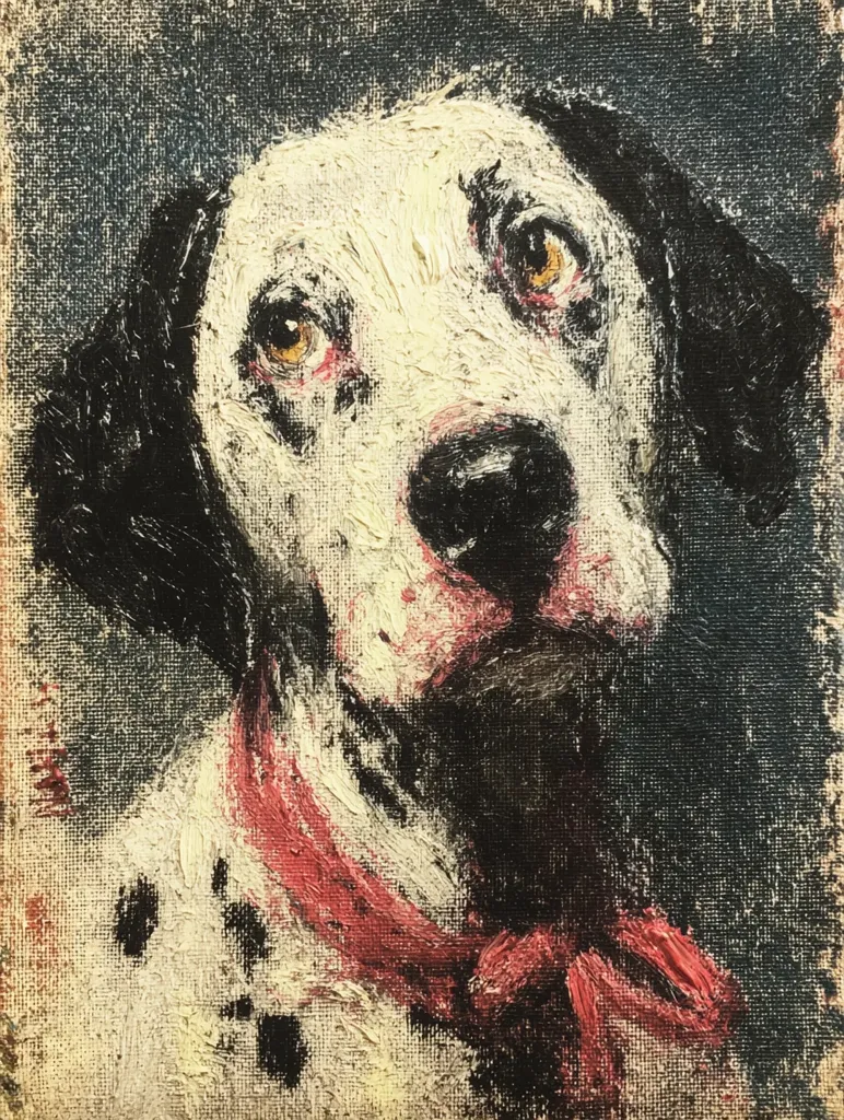 A textured impasto painting depicts a Dalmatian dog's head and shoulders. The dog's fur is rendered in creamy whites and blacks, with expressive brown eyes.  A reddish-pink scarf or collar is loosely tied around its neck. The background is a dark, mottled texture that contrasts with the dog's lighter features. The style is expressive and slightly impressionistic.