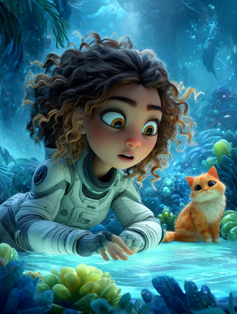 A young girl with curly brown hair, wearing a white spacesuit, gazes intently at a glowing, translucent surface.  A small, orange kitten sits nearby. The scene is set in a vibrant, underwater-like environment with bioluminescent plants and coral.  The girl's expression is one of wonder and curiosity. The overall style is that of a CGI animated film.